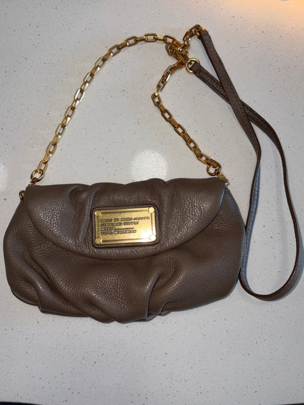 Marc Jacobs Brown Pebbled Leather Crossbody with Gold Hardware Karlie